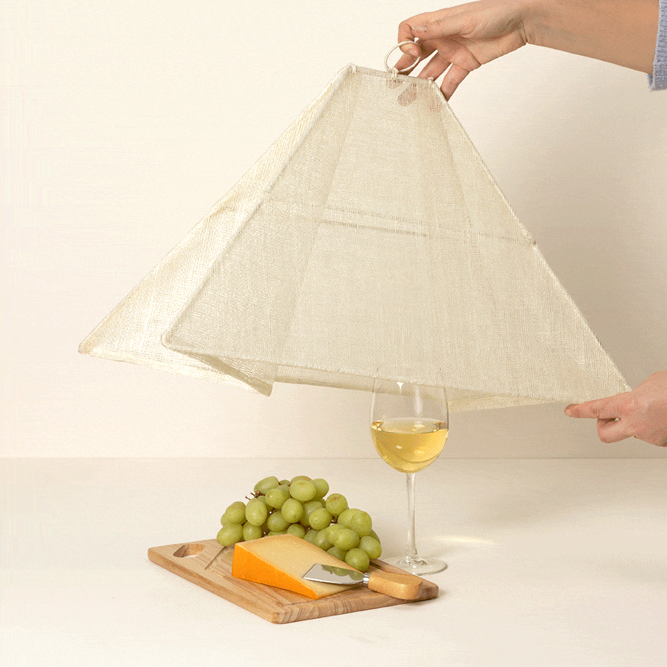 A person covers a glass of white wine, green grapes, and a block of cheese on a wooden board with a mesh food tent—outdoor entertaining must-haves for any gathering.