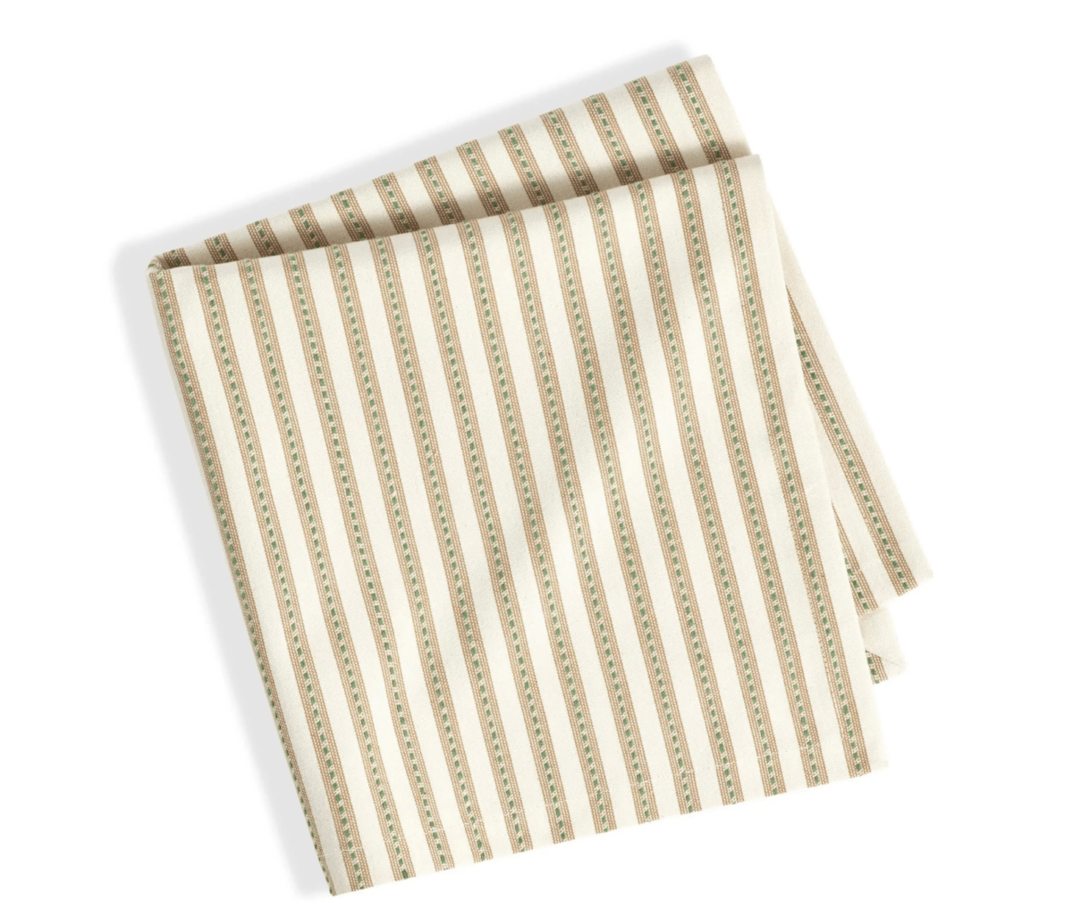 Folded beige fabric with vertical green and brown stripes, placed on a white background—a must-have accent for stylish outdoor entertaining.