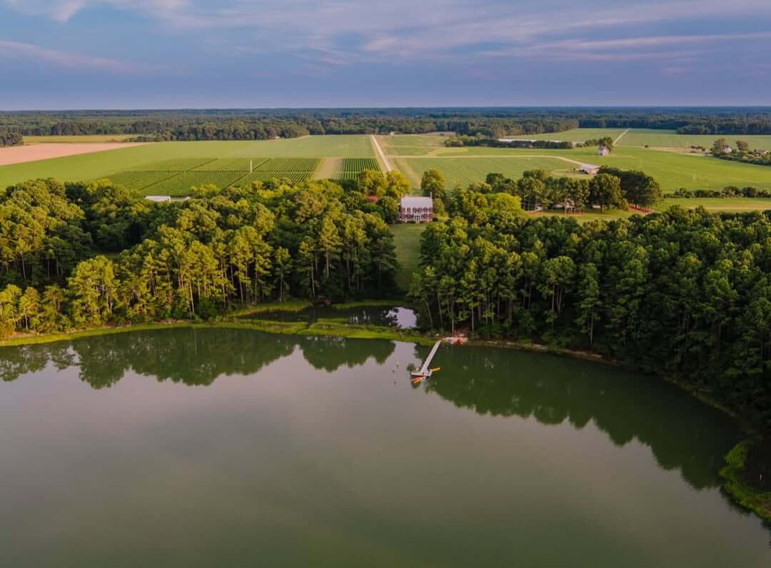 Epic Kayak Adventures in the South - 13 Aerial view of a Chatham Vineyards surrounded by fields and trees, with a pond perfect for kayak adventures and a small dock in the foreground under a partly cloudy sky.