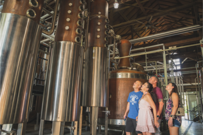 Four people stand inside a distillery, looking up at large copper and stainless steel distillation tanks surrounded by industrial pipes during Southern Happenings in June 2026.