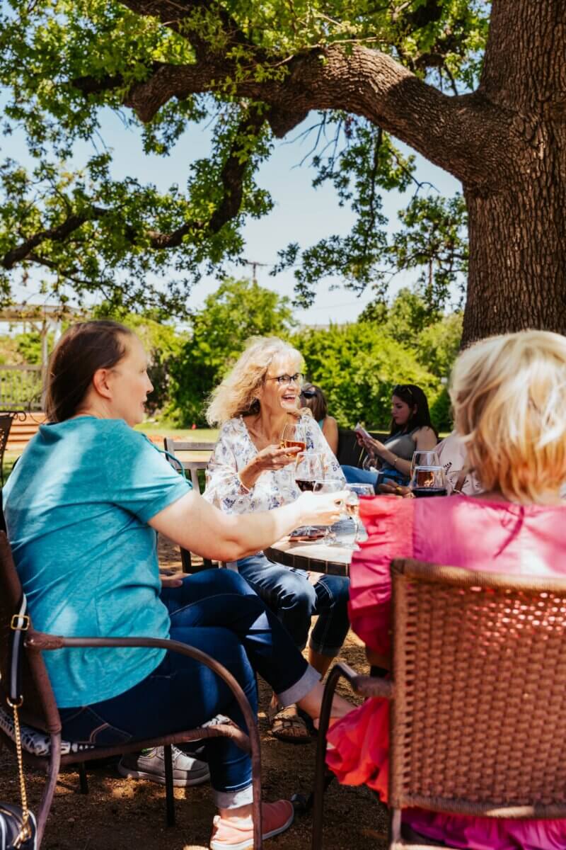5 Fabulous Wine Weekends Around the South - 2 Several people relax with wine as they talk around an outdoor table.