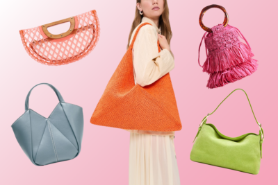 A woman holds an orange textured tote bag, surrounded by four other colorful bags—perfect for Spring & Summer—including a pink woven clutch, a pink fringed handbag, a blue geometric tote, and a green shoulder bag. It's pure Candy Crush style!.