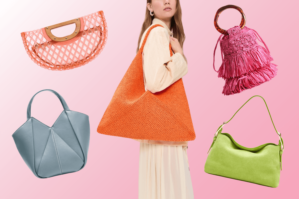 A woman holds an orange textured tote bag, surrounded by four other colorful bags—perfect for Spring & Summer—including a pink woven clutch, a pink fringed handbag, a blue geometric tote, and a green shoulder bag. It's pure Candy Crush style!.