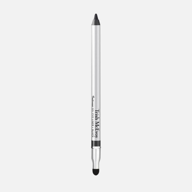 A silver eyeliner pencil with a black tip on one end and a smudger on the other, labeled "Trish McEvoy" against a plain white background—perfect for creating bold looks using summer makeup tips.