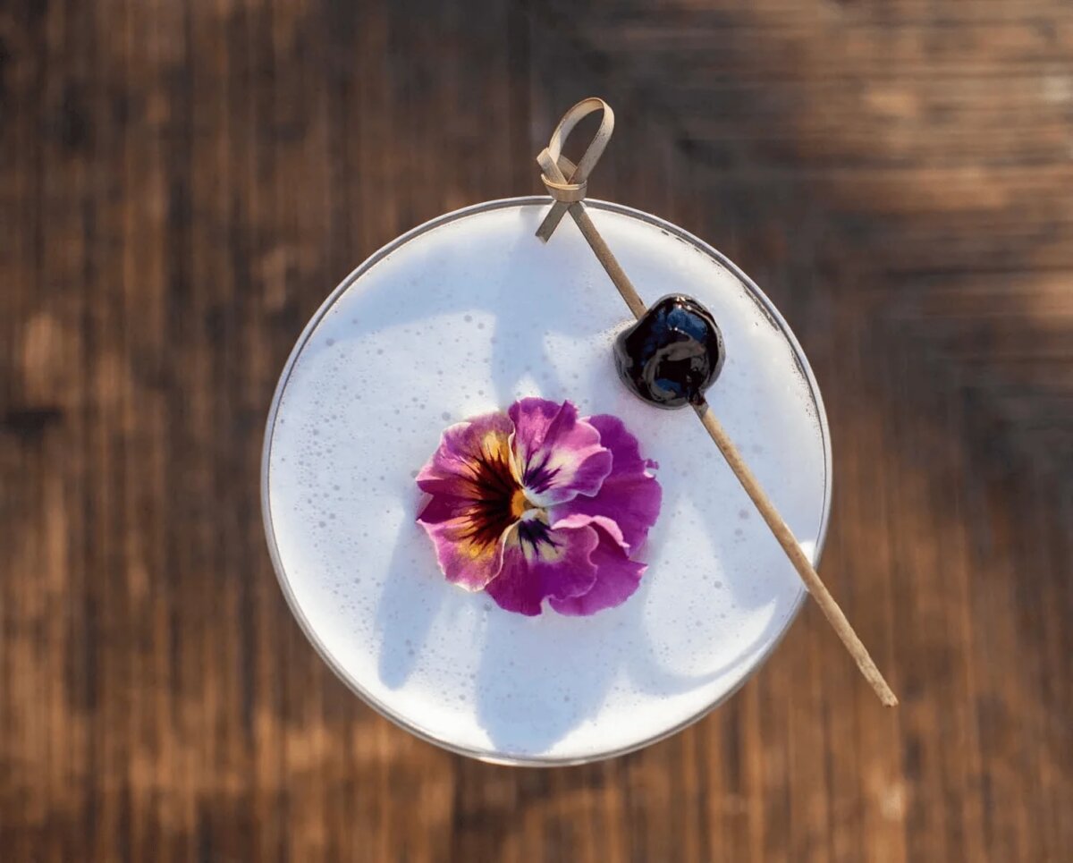 This Quiet Town is the Smokies' Best-Kept Secret - 5 A cocktail in a coupe glass topped with foam, garnished with a purple edible flower and a cherry on a cocktail pick.