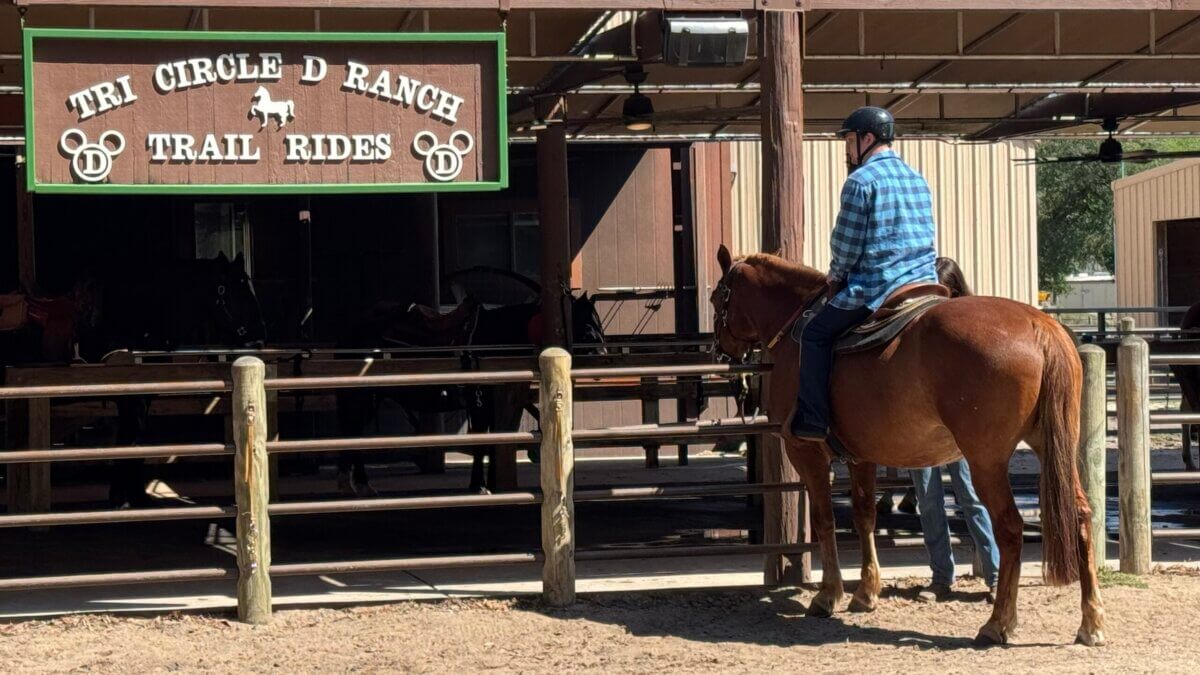 Meet the Happiest Horses on Earth: A Look at Disney's Tri-Circle-D Ranch - 6 A person wearing a helmet sits on a brown horse near a wooden fence under a sign that reads βTri Circle D Ranch Trail Rides,β ready for horseback riding at Disney Worldβs Tri-Circle-D Ranch.