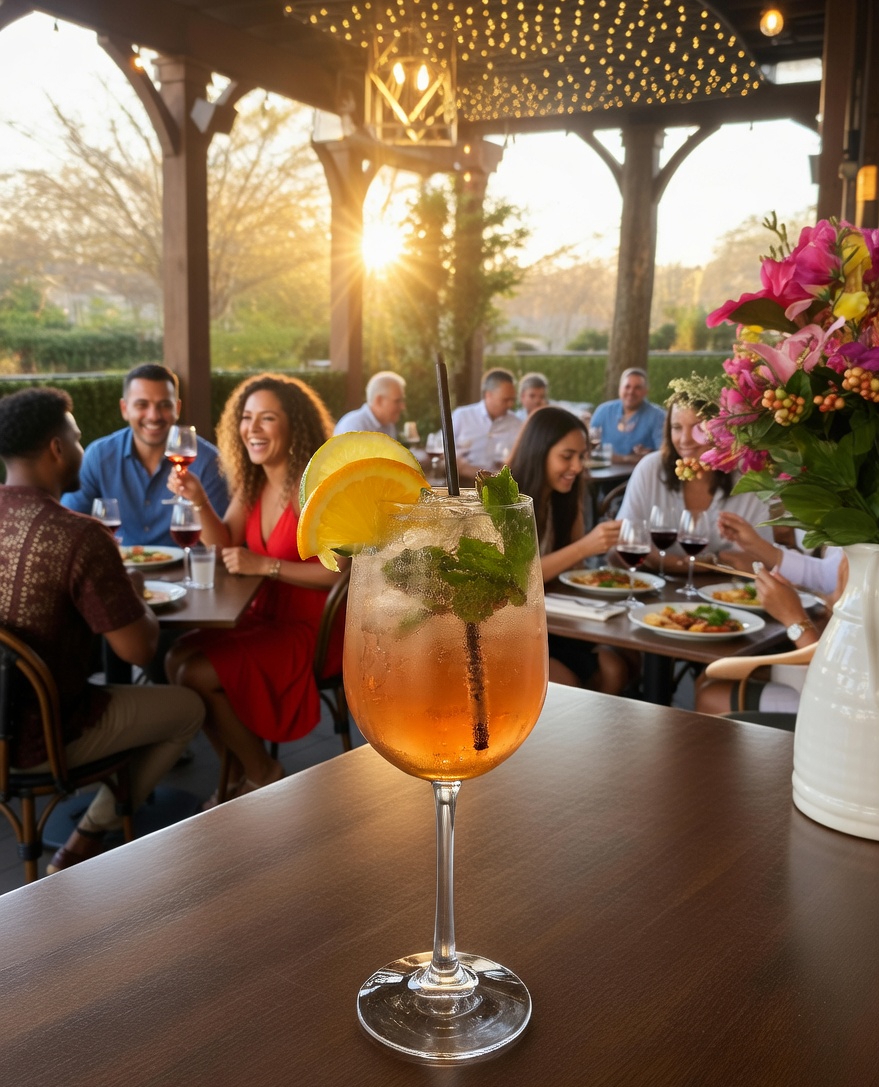 7 Memphis Patios Hosting Live Music This Season - 2 A cocktail garnished with lemon and mint sits on a table, as people dine and socialize outdoors during sunset—an inviting scene often found at the best patios in Memphis.