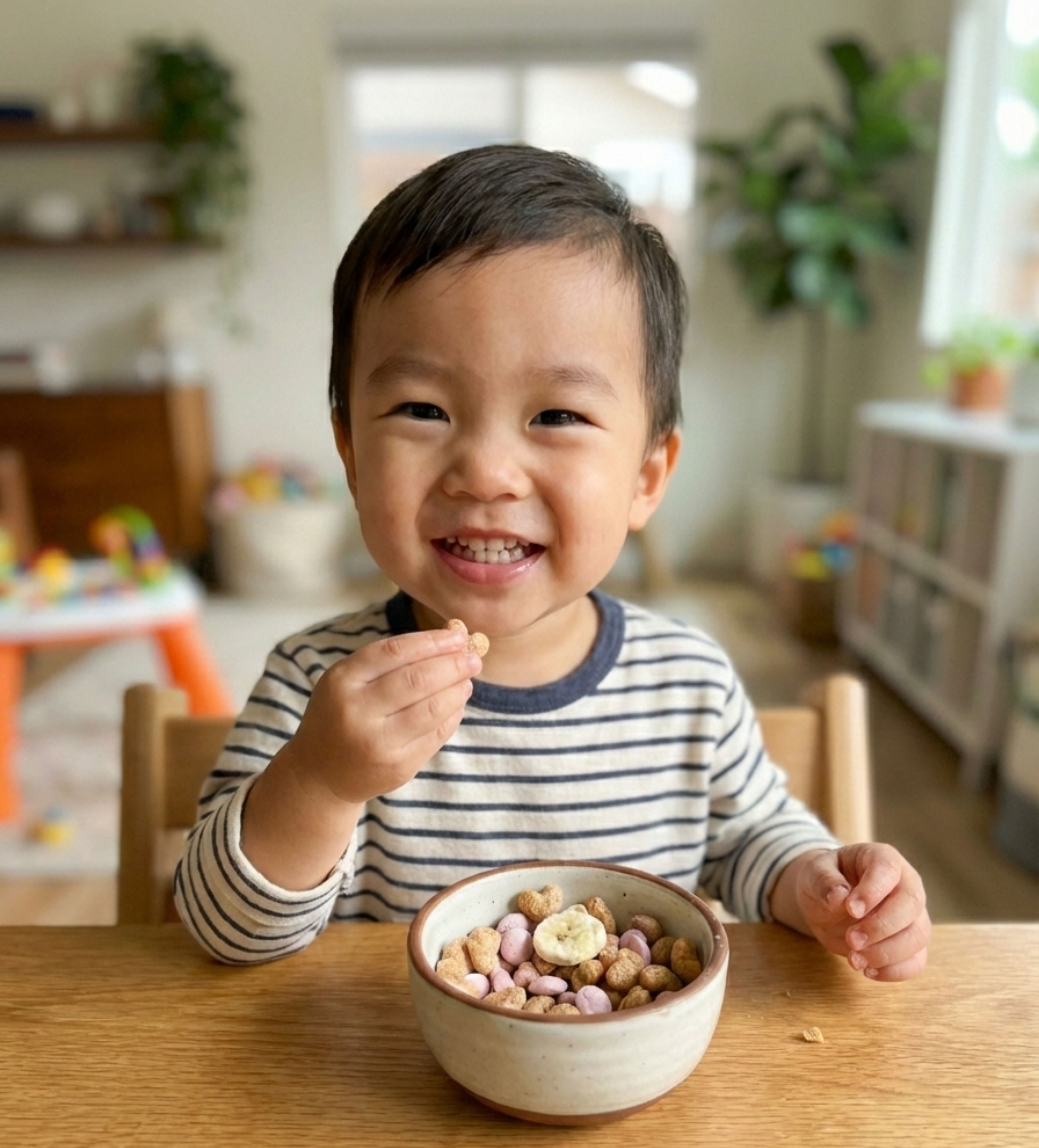 This Mom is on a Mission to Change the Future of Food Allergies - 7 A young child sitting at a table, smiling while eating cereal from a bowl in a bright, cozy room.