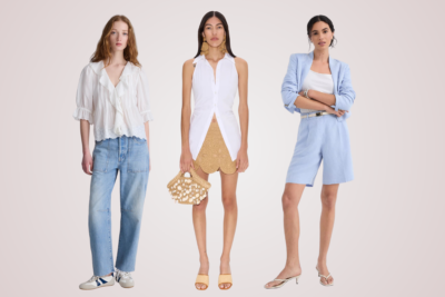 Three women showcase summer fashion trends: jeans with a blouse and sneakers, a sleeveless top paired with shorts and sandals, and a blue shorts suit styled with heels.