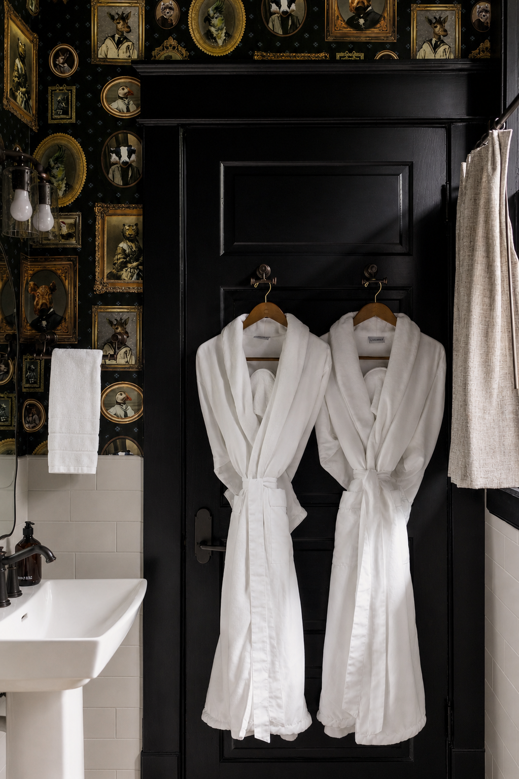 Two white bathrobes hang on hooks on a black door in a bathroom at the Boarding House, featuring patterned wallpaper and a white sink—an inviting Sylvan Park retreat.