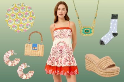 A woman in a sleeveless, patterned dress stands surrounded by summer shopping accessories—including earrings, a handbag, sandals, socks, a necklace, and a round floral cloth—on a green gradient background.