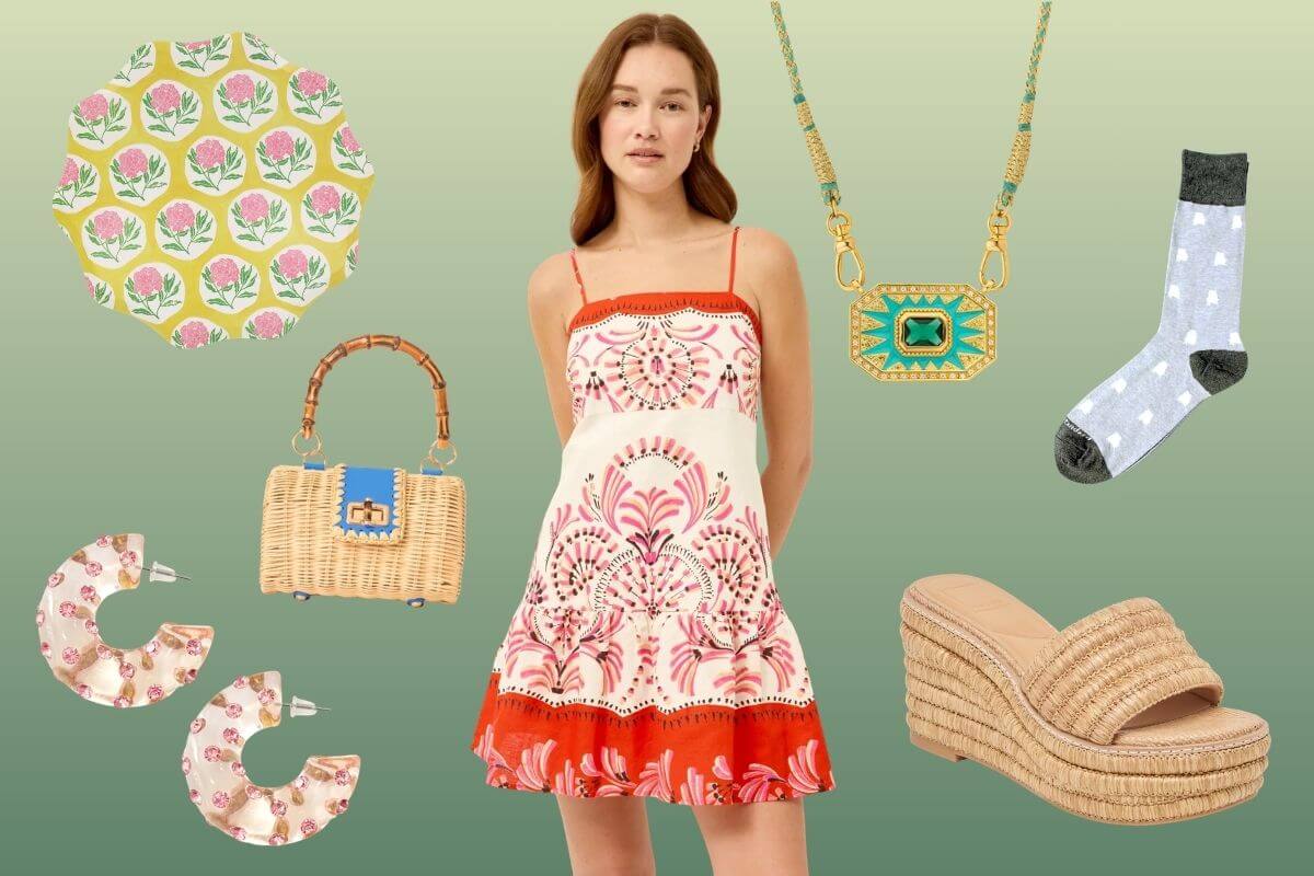 A woman in a sleeveless, patterned dress stands surrounded by summer shopping accessories—including earrings, a handbag, sandals, socks, a necklace, and a round floral cloth—on a green gradient background.