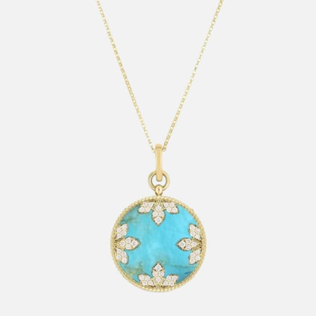 17 Luxurious Birmingham FINDS: Polished Summer Style, Artful Decor & Everyday Luxuries - 5 Discover this luxurious Birmingham gold chain necklace featuring a round turquoise pendant, accented by decorative gold and diamond floral patterns—perfect for stylish summer finds.
