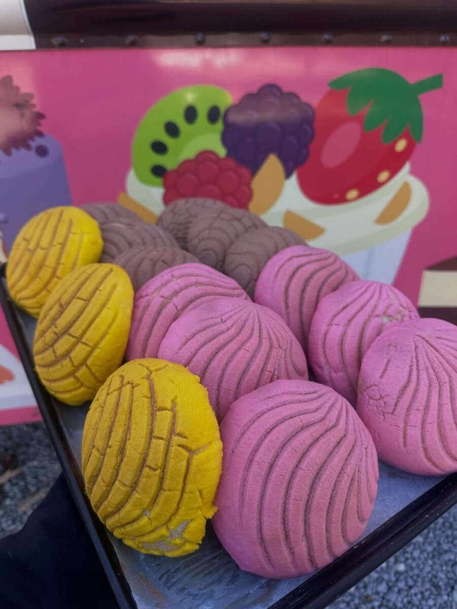 Meet the Internet Star Behind BHAM’s FIRST Mexican Mobile Bakery! - 4 A tray of colorful conchas from La MoreliAna Food Truck, including yellow, pink, and brown varieties, is held in front of a mural showing assorted fruit illustrations in BHAM.