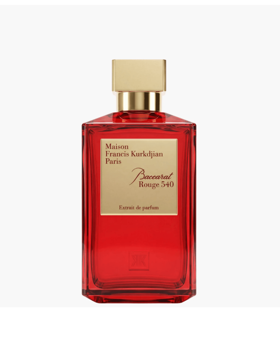 17 Luxurious Birmingham FINDS: Polished Summer Style, Artful Decor & Everyday Luxuries - 17 A luxurious red glass bottle of Maison Francis Kurkdjian Paris Baccarat Rouge 540 Extrait de Parfum with a gold cap and label, set against a plain white background—perfect for a summer fragrance collection in Birmingham.