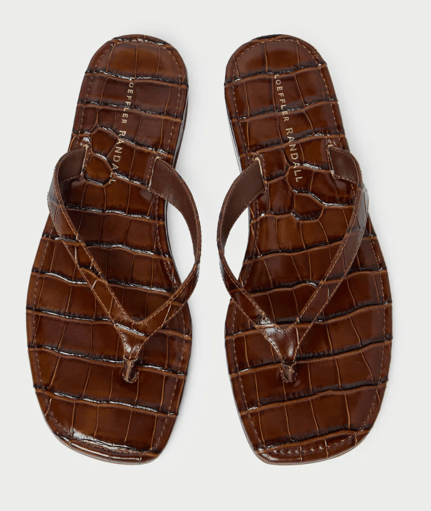 17 Luxurious Birmingham FINDS: Polished Summer Style, Artful Decor & Everyday Luxuries - 7 A pair of luxurious, brown, crocodile-embossed leather flip-flop sandals with square toes and thin straps—perfect for summer strolls in Birmingham, viewed from above.