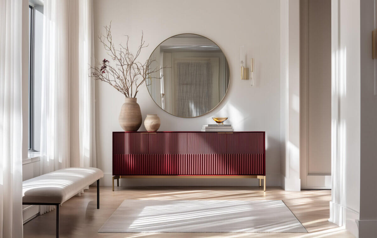 17 Luxurious Birmingham FINDS: Polished Summer Style, Artful Decor & Everyday Luxuries - 11 A luxurious modern entryway in Birmingham, featuring a round mirror above a red sideboard, decorative vases, books, a gold bowl, and a bench; neutral walls glow with natural summer light.
