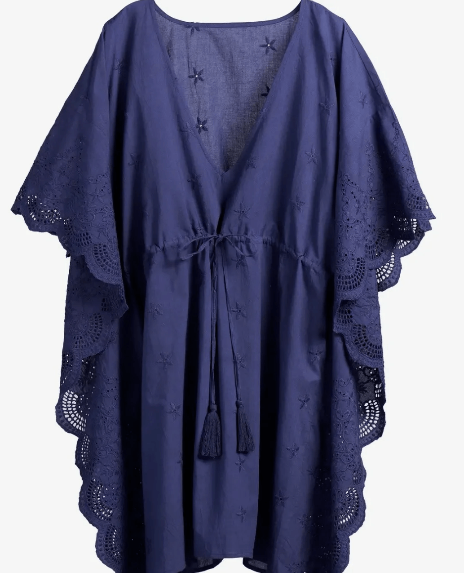 22 Birmingham FINDS for June: Breezy Dresses, Entertaining & Gifts for Dad - 10 A navy blue kaftan with a deep V-neck, scalloped eyelet lace sleeves, and a drawstring waist with tassels.
