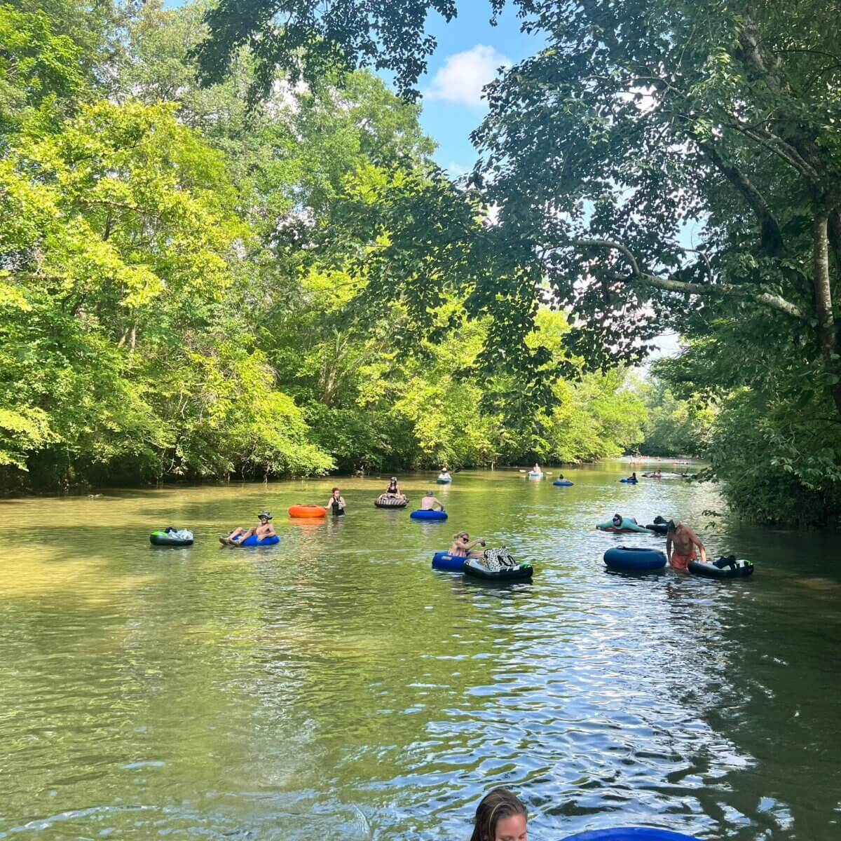 8 Ways to Get on the Water around BHAM, All Within an Hour’s Drive - 4 People enjoy water activities, floating on inner tubes down calm, tree-lined Cheaha Creek