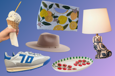 A collage of everyday luxuries shows a hand with an ice cream cone, a beaded lemon clutch, beige wide-brim hat, quirky dog-shaped lamp, blue and white sneaker, and a tray with tomato designs.