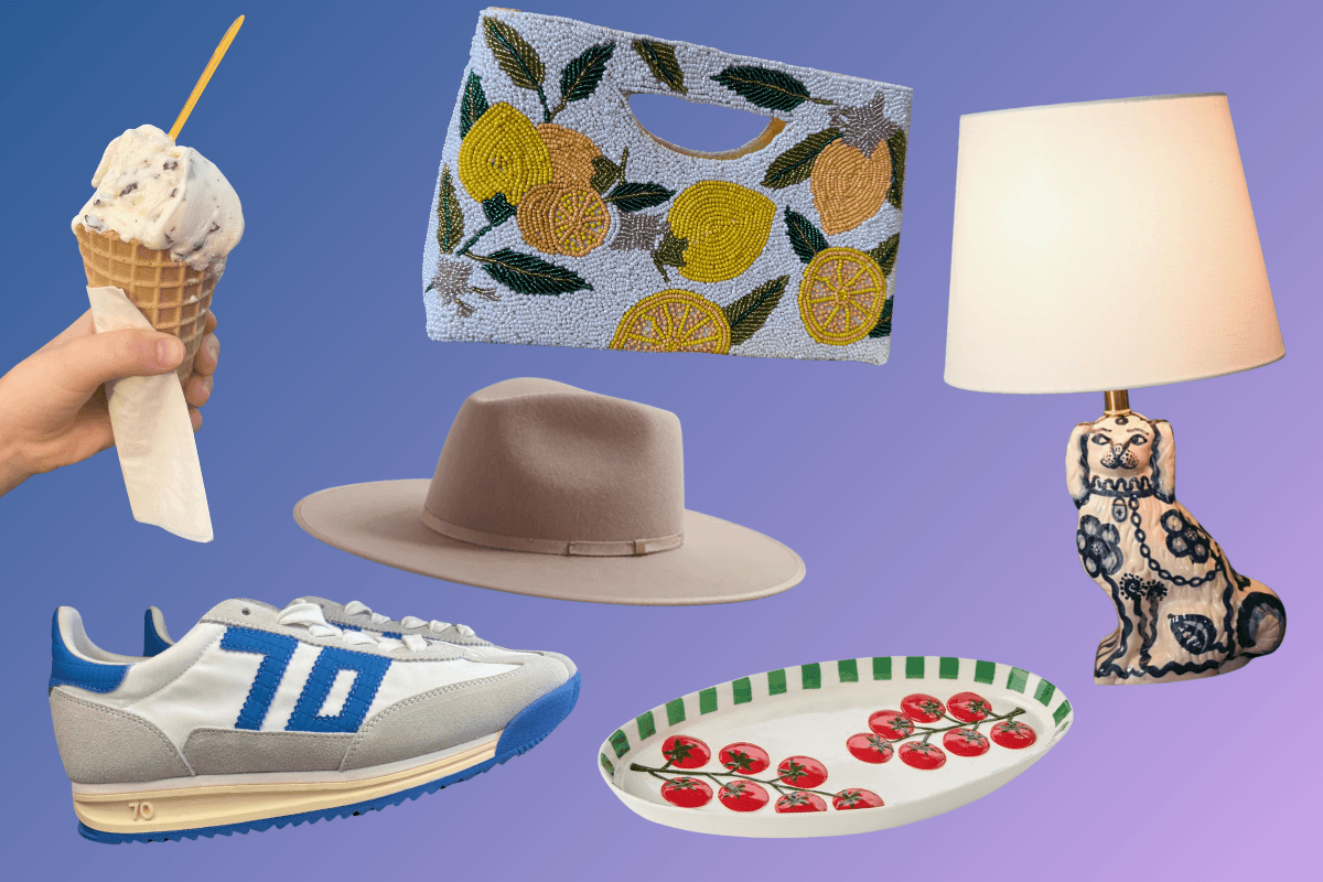 A collage of everyday luxuries shows a hand with an ice cream cone, a beaded lemon clutch, beige wide-brim hat, quirky dog-shaped lamp, blue and white sneaker, and a tray with tomato designs.