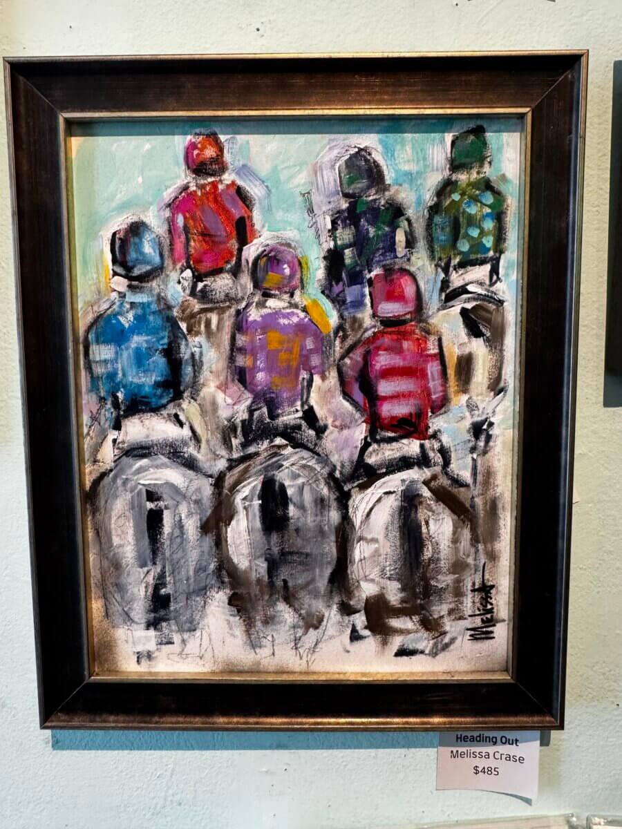 16 Luxe Louisville FINDS for July: Fine Art, Rare Bourbon & Resort-Ready Style - 7 Painting of six jockeys riding horses away from the viewer, rendered in loose, colorful brushstrokes. A Louisville-inspired Luxe find—plaque below reads "Heading Out, Melissa Crase, $485.