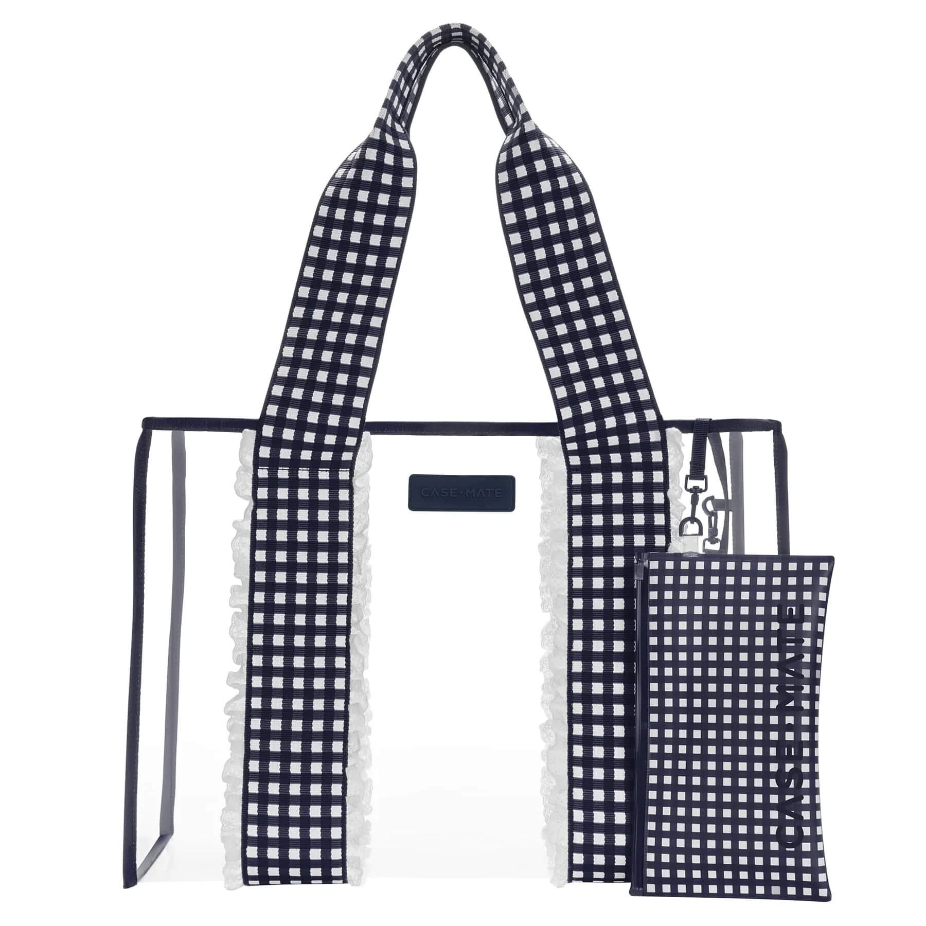 15 Memphis FINDS to Kick Off Summer: Vacation-Ready Style & More - 13 A clear tote bag with black and white checkered fabric handles and trim, featuring a matching detachable pouch on the side—an effortlessly stylish option for those seeking unique Mother's Day gift ideas.