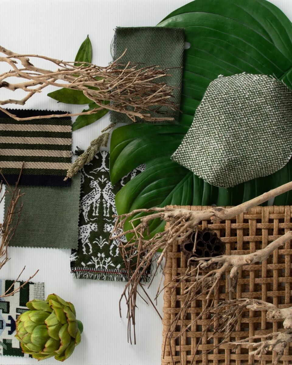 How to Refresh Your Porch in One Weekend, According to the Experts - 2 Flat lay of green and neutral fabric swatches, large leaves, woven rattan, dry branches, an artichoke, and a white backgroundβperfect inspiration for fresh porch decor ideas.