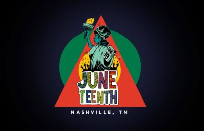 Illustration of the Statue of Liberty above colorful "Juneteenth" text inside a red triangle, with "Nashville, TN" written below.