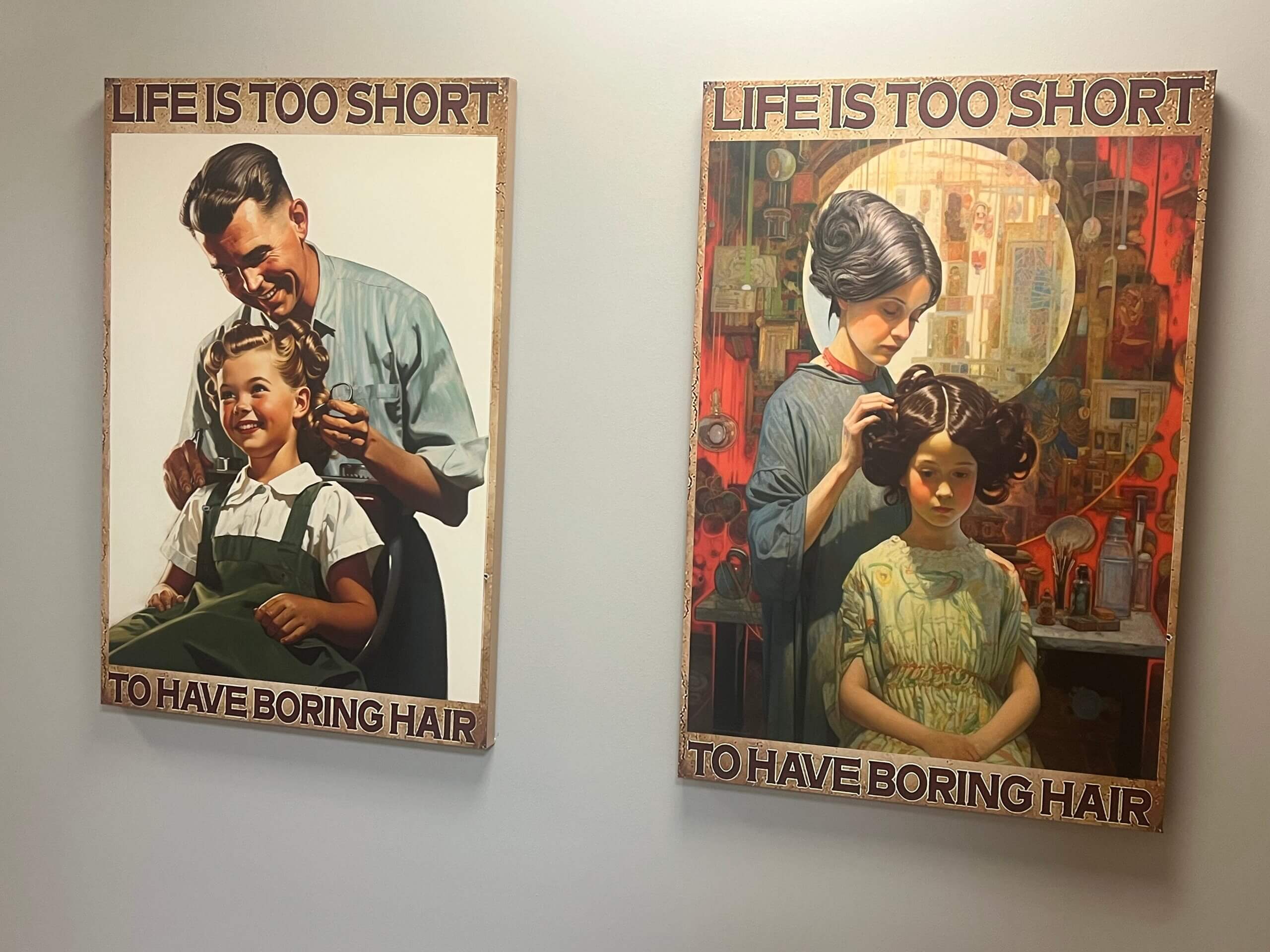 Two framed posters from HPIHair Partners showcase people getting haircuts, each featuring the phrase “Life is too short to have boring hair” in bold letters across the top and bottom. Perfect for any modern hair clinic or Hair restoration space, these posters inspire style and confidence.