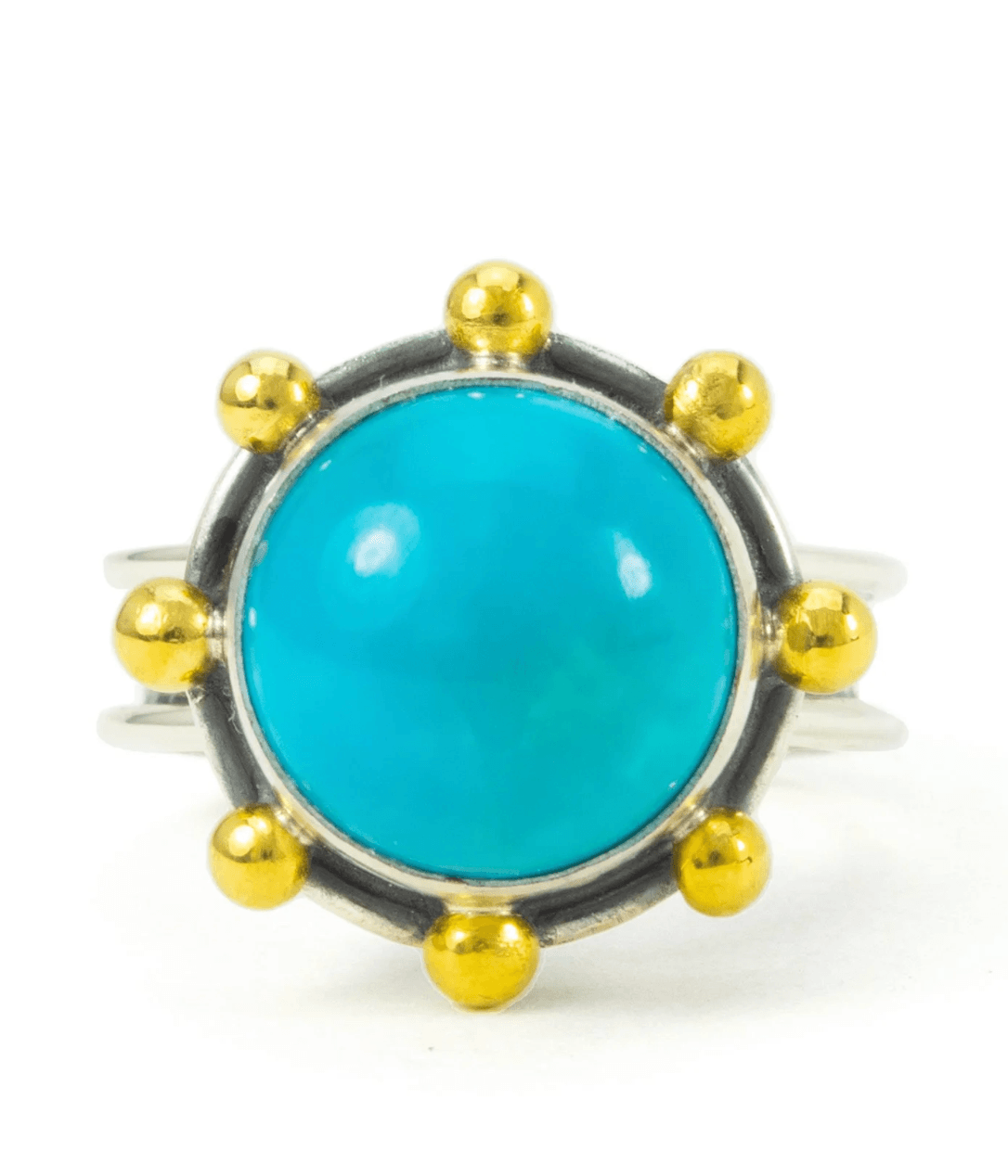 18 Nashville Luxe Loves: Statement Jewelry, Custom Hats & Summer Showstoppers - 12 A silver ring with a round turquoise stone in the center, surrounded by eight small gold spheres evenly spaced around the gemstone, captures the essence of luxe Nashville style—chic, timeless, and effortlessly elegant.