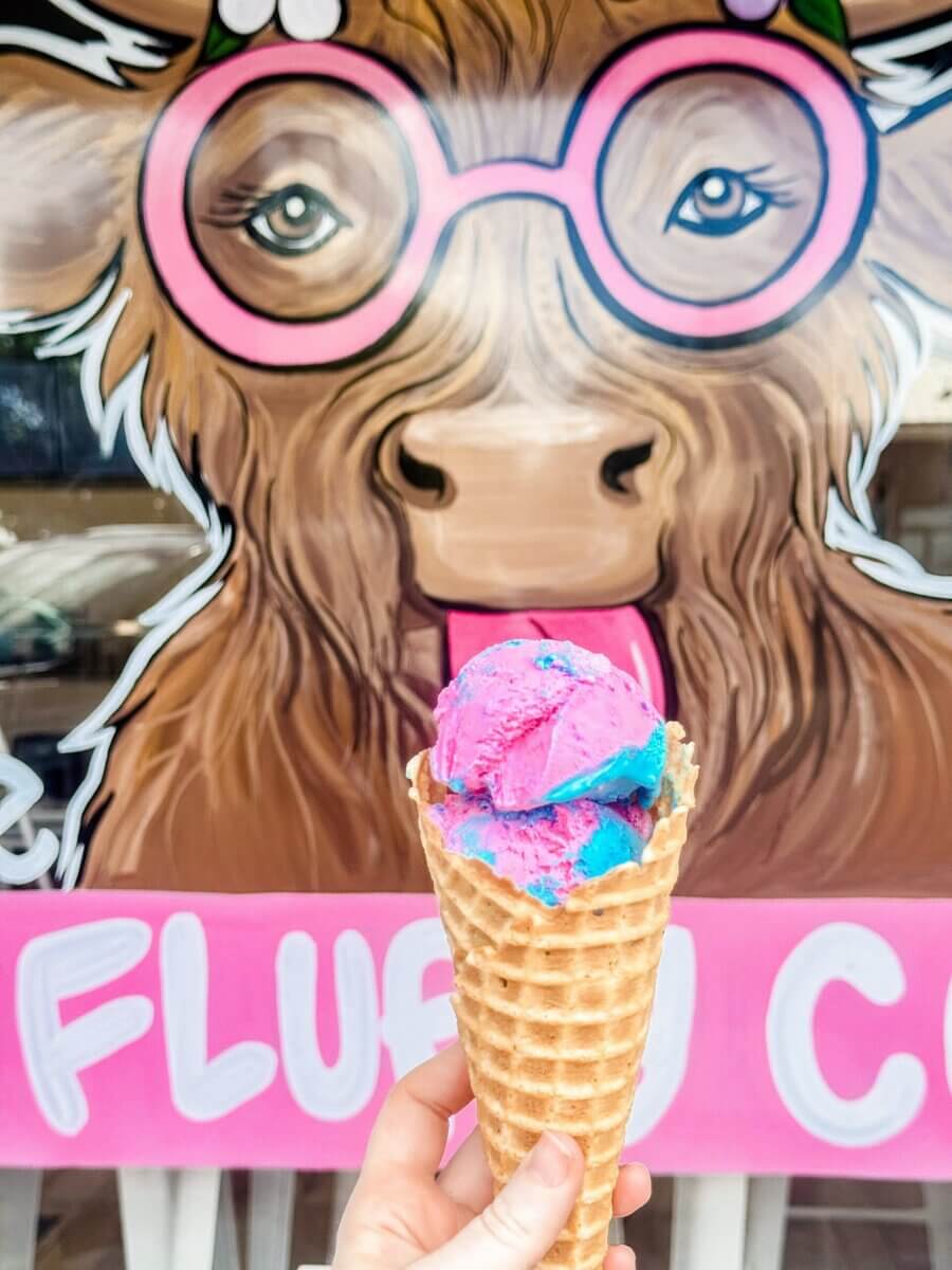 The Inside Scoop on Milky Moo's: Meet the Maker of Alabama's Best Ice Cream - 8 A hand holds a waffle cone with pink and blue ice creamβsome of the Best Ice Cream in Alabamaβin front of a mural of a cow wearing pink glasses.