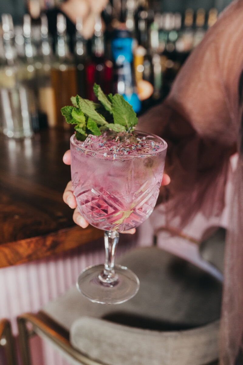 A person holds a pink cocktail garnished with mint and seeds in a glass.