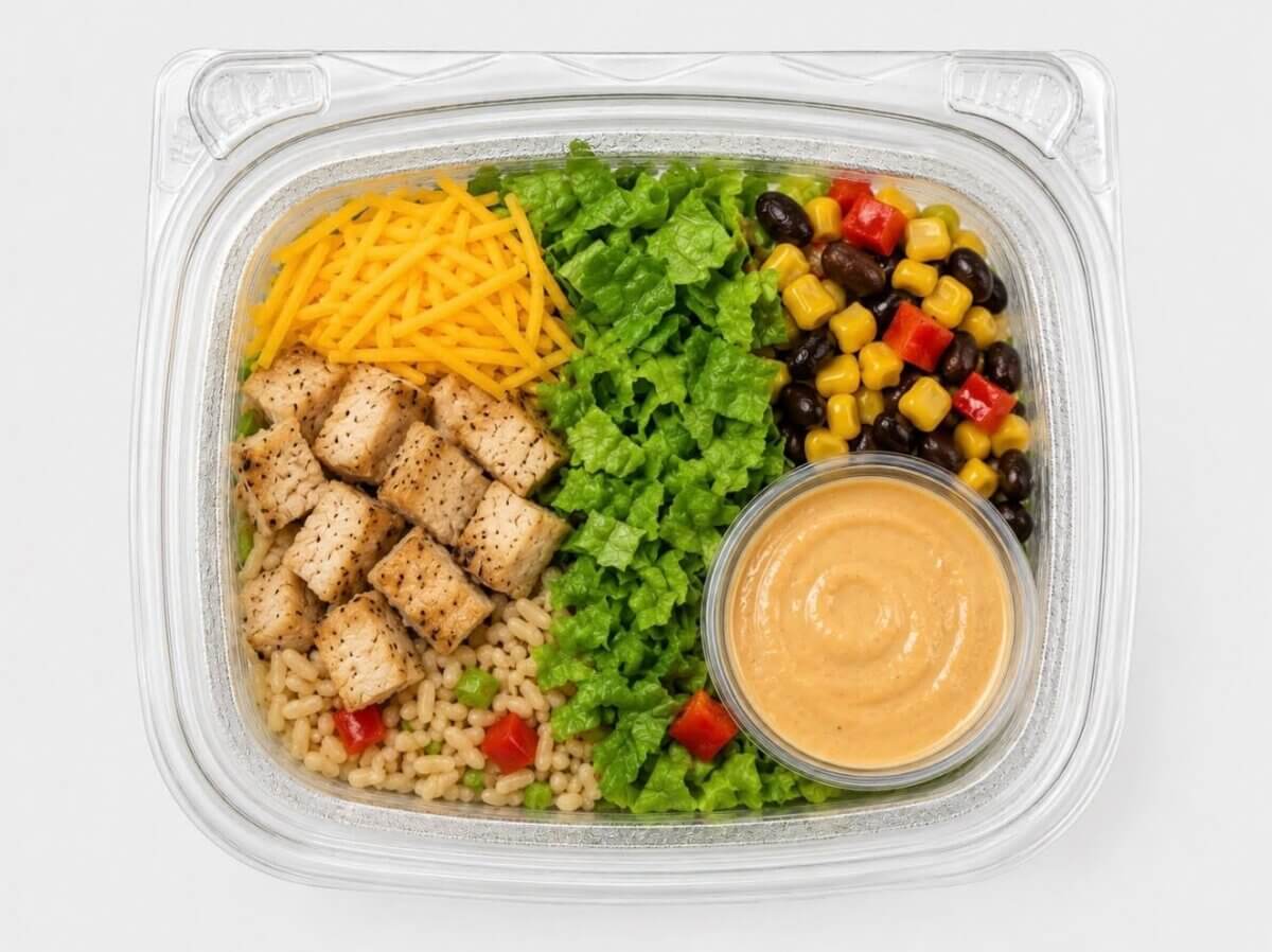 11 New Birmingham Restaurants to Try This Month - 4 A clear plastic container with diced chicken, shredded cheese, lettuce, rice, black beans, corn, red peppers, and a small cup of creamy dressing.
