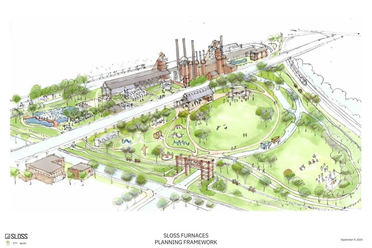 Illustrated site plan of Sloss Furnaces shows industrial buildings, smokestacks, green spaces, walking paths, and a large lawn with scattered groups of people, capturing the transformation brought by the recent makeover.
