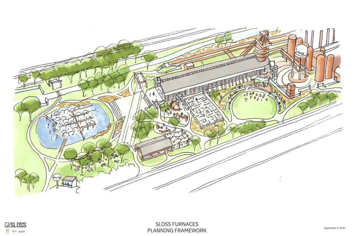 Illustrated site plan of Sloss Furnaces showing industrial buildings, open green spaces, walkways, water features, and cylindrical metal structures, labeled "Planning Framework," highlighting the site's ongoing makeover.