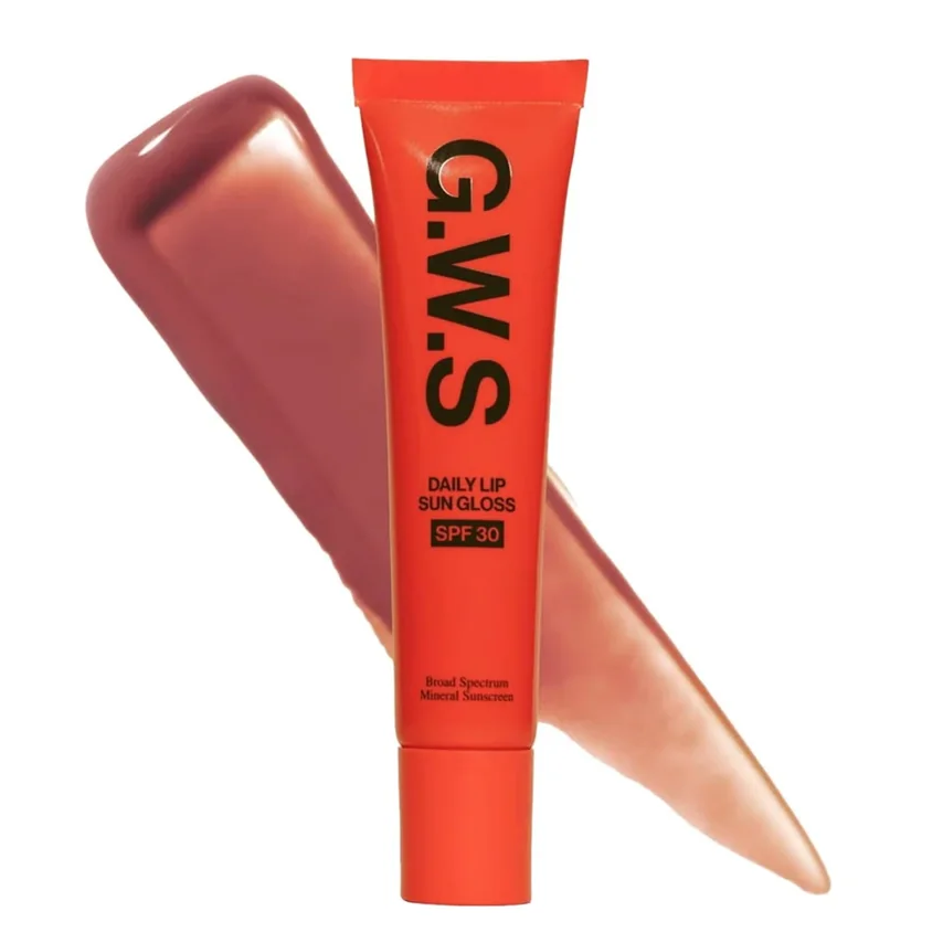 A tube of G.W.S Daily Lip Sun Gloss SPF 30 is shown in front of a swatch of the gloss, displayed on a white background.
