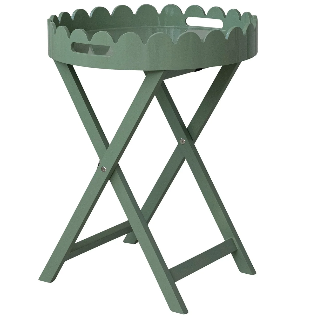 Green folding tray table with a scalloped edge and crossed legs, shown against a white background—an August FINDS highlight from Nashville.