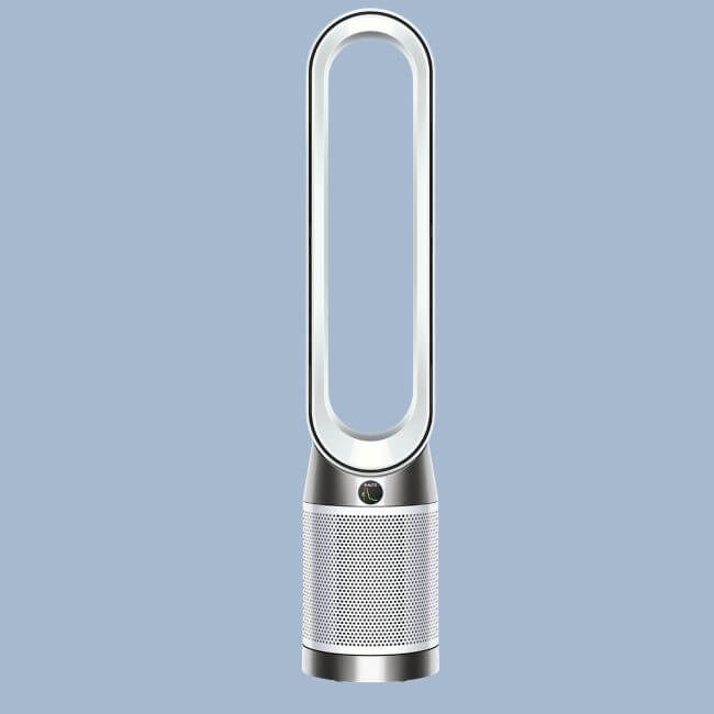 A Summer Essentials must-have: a bladeless tower fan and air purifier featuring a silver base and an oval-shaped loop, set against a light blue background.