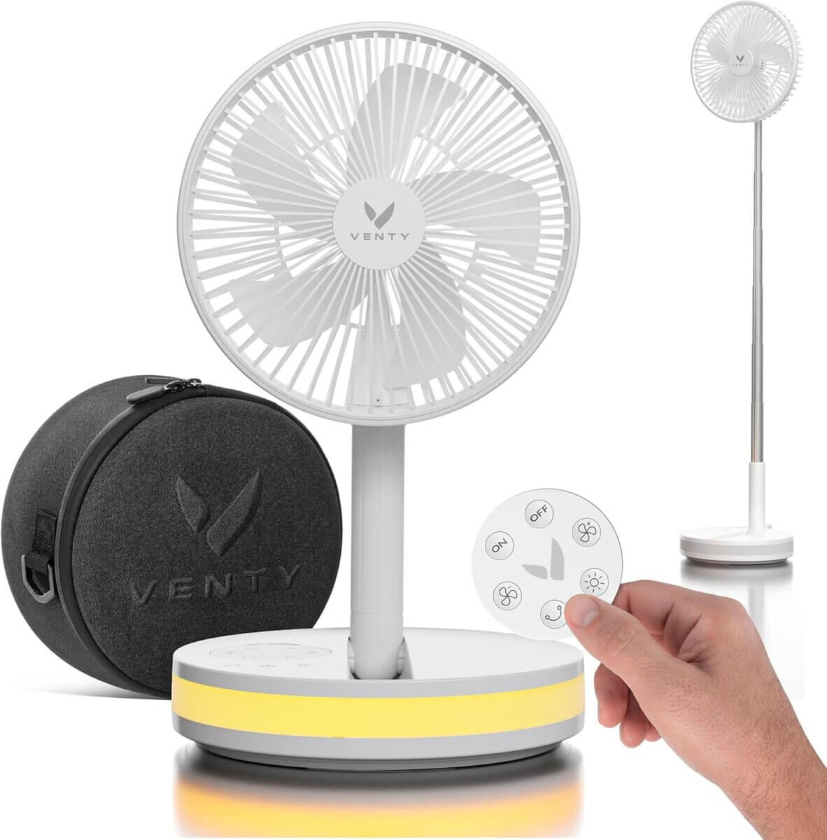 White portable Venty fan with remote control, carrying case, and LED base is displayed, featured on the SB Hot List for July 2026; a hand holds the remote with an extended view of the fan in the background.