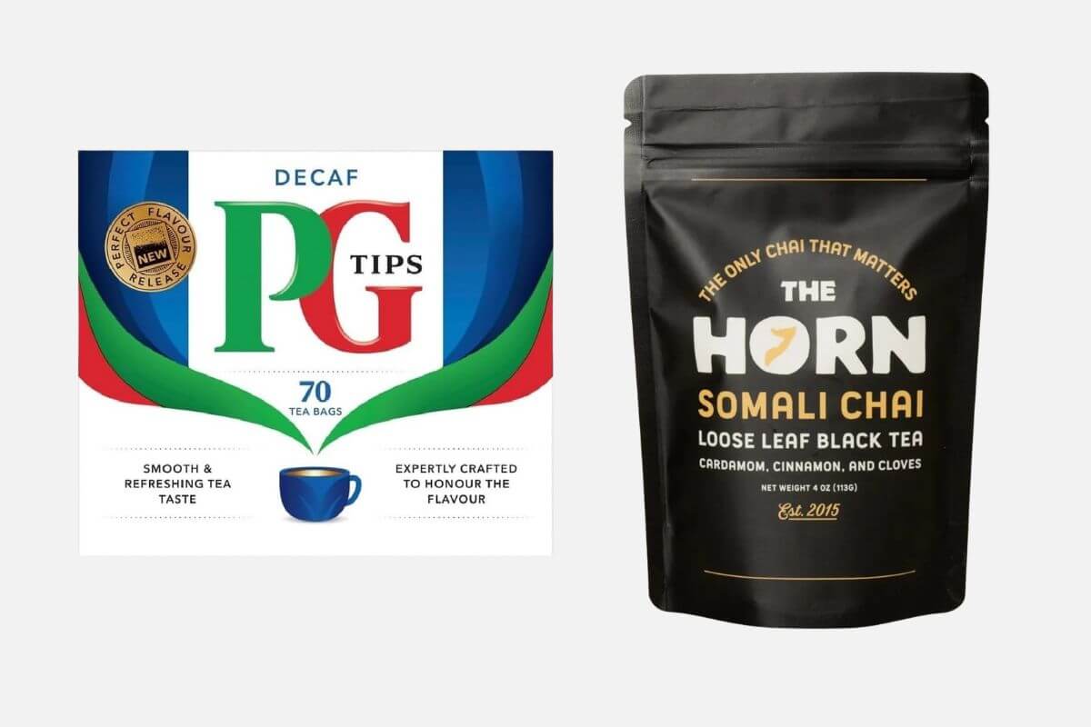 Two tea packages: PG Tips Decaf Tea Bags box on the left and The Horn Somali Chai Loose Leaf Black Tea pouch on the right—both team-approved summer finds and featured on our SB Hot List.