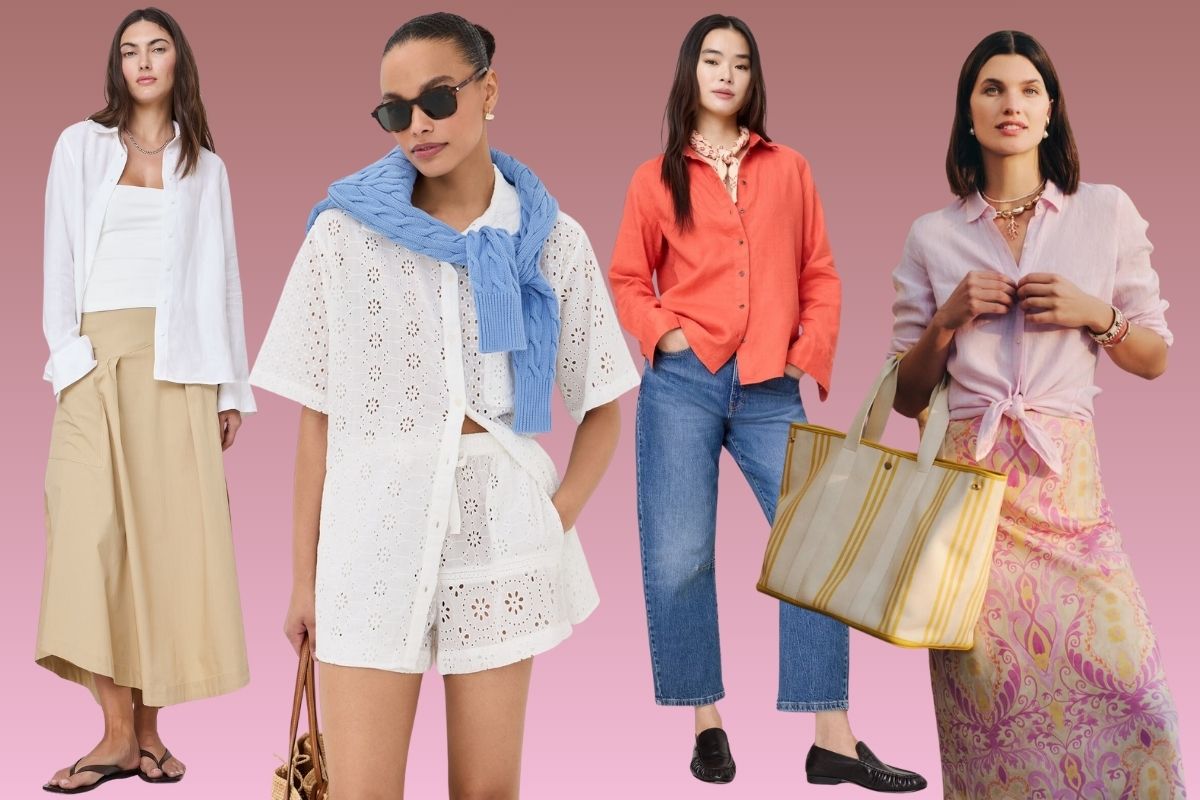 Five women pose in stylish spring outfits, including skirts, shorts, trousers, and blouses—showcasing chic ways to wear button-down styles—against a pink gradient background.
