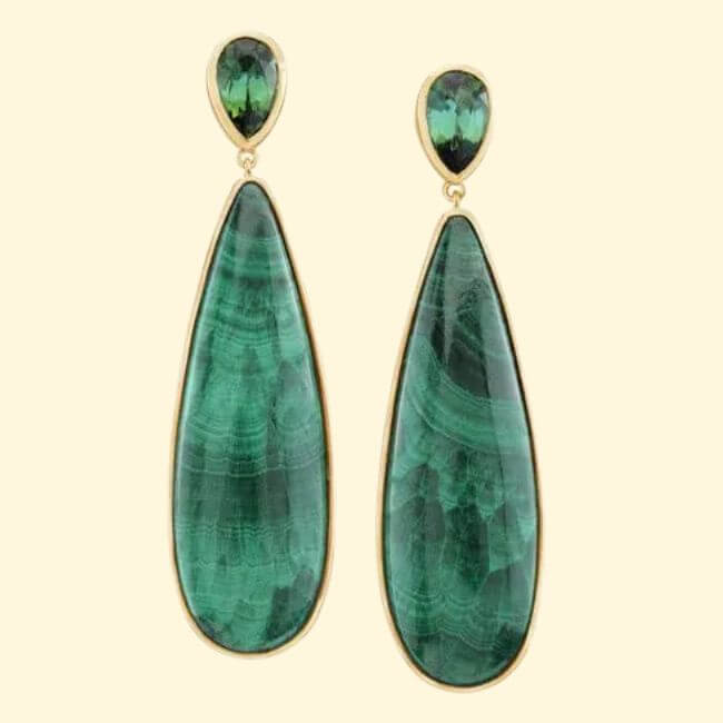 16 Luxe Louisville FINDS for July: Fine Art, Rare Bourbon & Resort-Ready Style - 11 A pair of gold-framed earrings featuring teardrop-shaped green gemstones with a marbled pattern, each topped with a smaller faceted green stone—a standout among Louisville Finds July discoveries.
