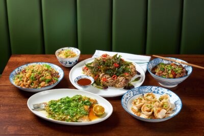A selection of Chinese dishes, including fish, fried rice, noodles, dumplings, and a plate of fried meat with vegetables, served on a wooden table.
