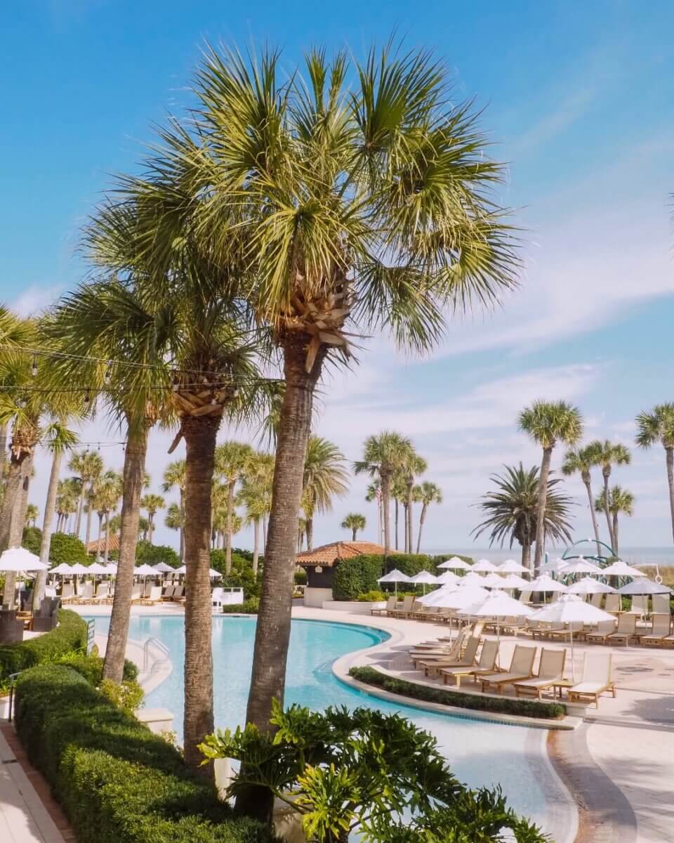 8 Luxurious, Family-Friendly Resorts in the South - 11 Palm trees, a curved pool, and lounge chairs with white umbrellas are visible under a bright blue sky at this luxe resort near the ocean, offering the perfect escape for Southern families seeking a family-friendly resort experience.