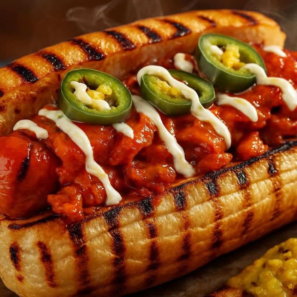 Grilled Nashville hot dog in a toasted bun with chili, sliced jalapeños, white sauce drizzle, and melted cheese, served with a side of relish. Perfect for spicy hot dog lovers and available for orders now.