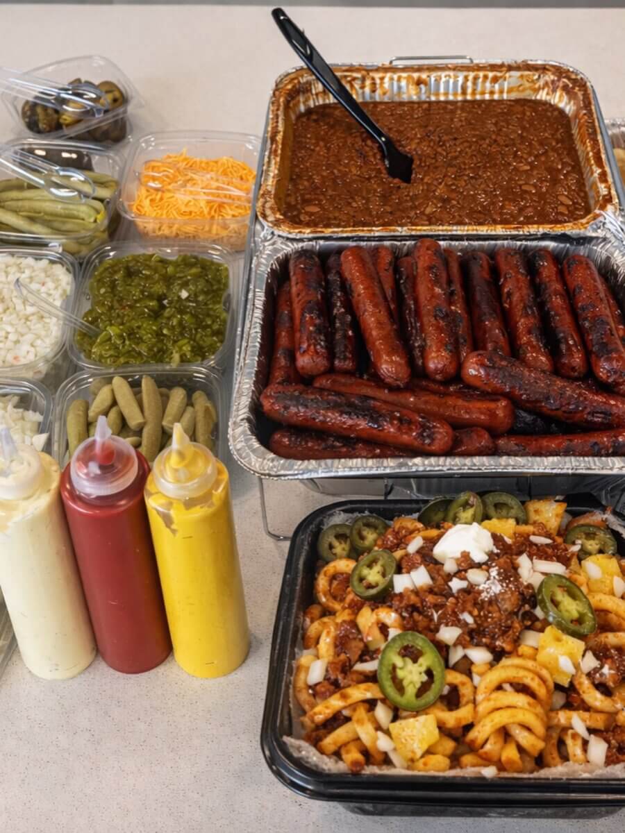 A spread inspired by Nashville food, featuring grilled hot dogs, baked beans, curly fries with toppings, condiments, shredded cheese, pickles, relish, jalapeños, and chopped onions on a countertop—perfect for enjoying classic Nashville hot dog orders at home.