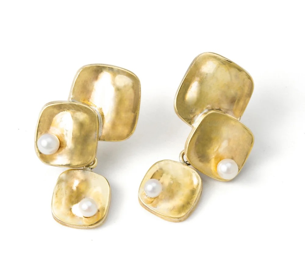 Pair of gold-tone drop earrings with three textured square segments on each, each earring featuring a single small pearl accent.