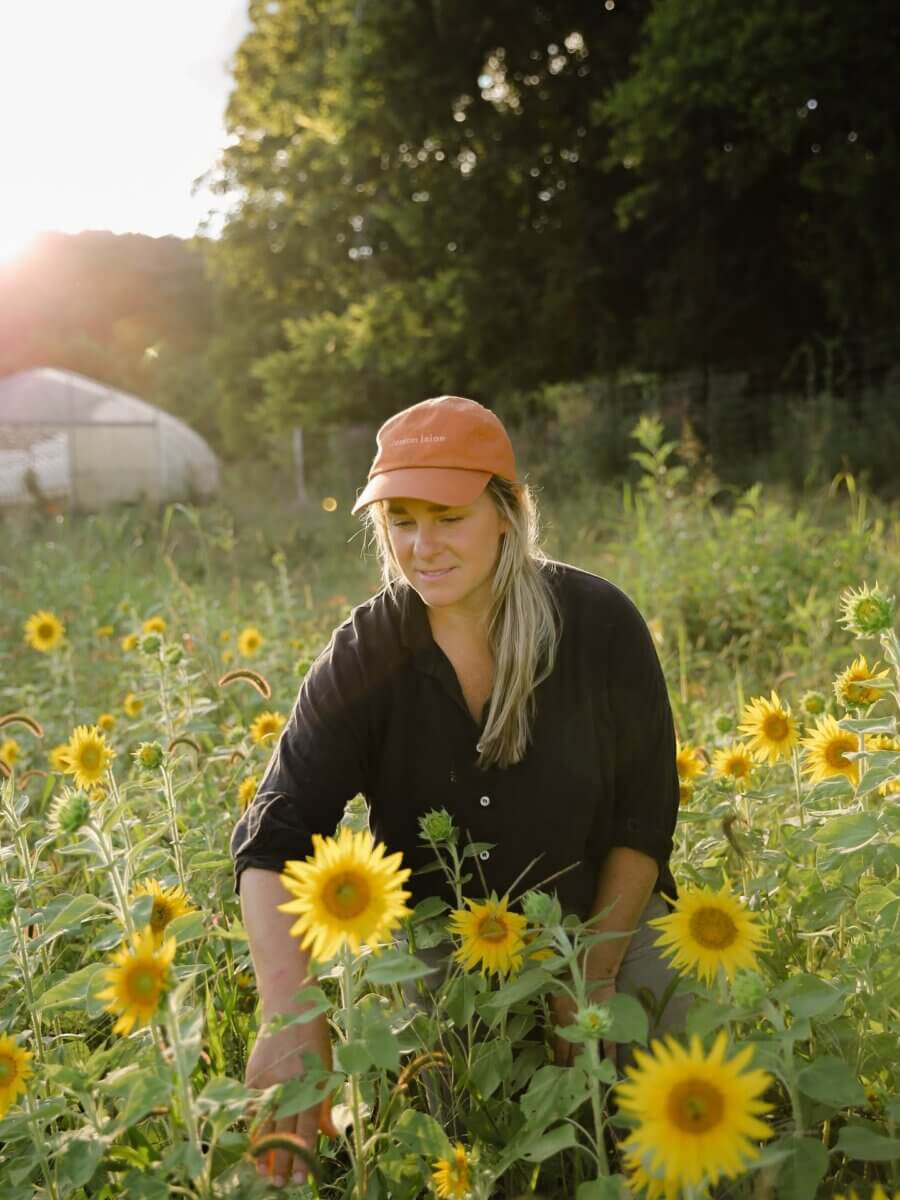 12 Beautiful U-Pick Flower Farms Near Nashville - 4 A person wearing an orange cap and black shirt is tending to sunflowers at a U-Pick Flower Farm in the Nashville area, surrounded by tall grass, trees, and a greenhouse in the background.