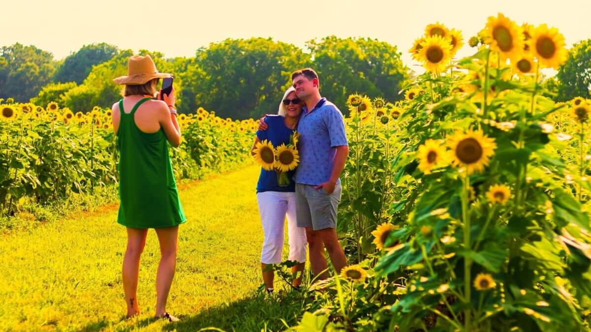 12 Beautiful U-Pick Flower Farms Near Nashville - 9 Three people at a U-Pick Flower Farm: one in a green dress snaps a photo of a smiling couple posing together, holding sunflowers. Bright blooms fill both sides of the path.